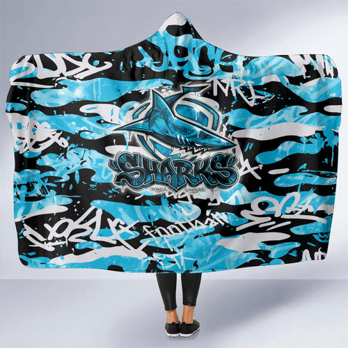 Cronulla-Sutherland Sharks Rugby Hooded Blanket Graffiti Typography Urban Camo Abstract Street Style