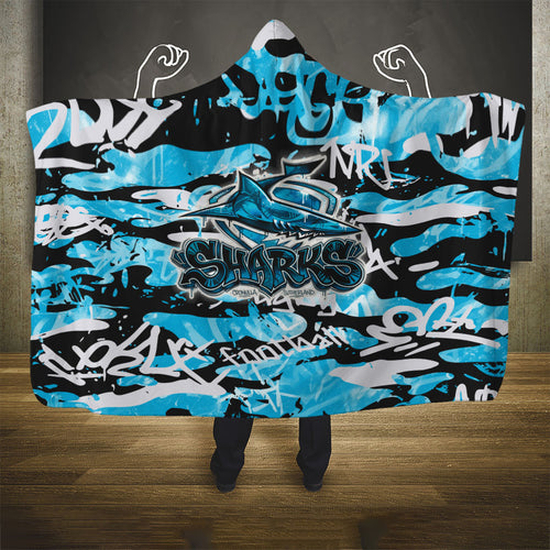 Cronulla-Sutherland Sharks Rugby Hooded Blanket Graffiti Typography Urban Camo Abstract Street Style