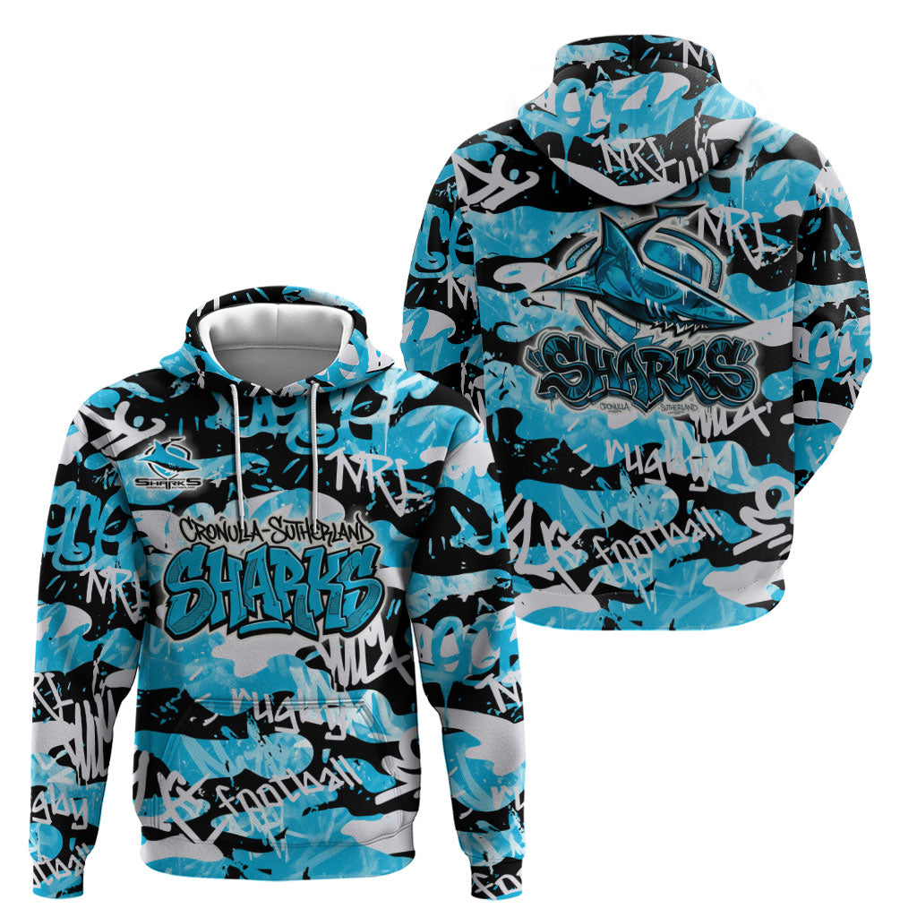 Cronulla-Sutherland Sharks Rugby Hoodie Graffiti Typography Urban Camo Abstract Street Style