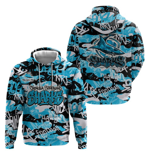 Cronulla-Sutherland Sharks Rugby Hoodie Graffiti Typography Urban Camo Abstract Street Style