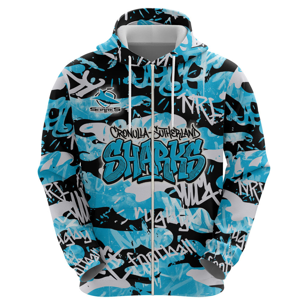 Cronulla-Sutherland Sharks Rugby Hoodie Graffiti Typography Urban Camo Abstract Street Style