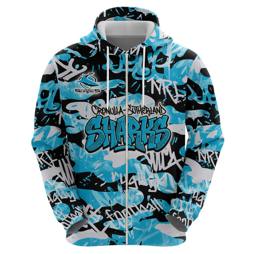 Cronulla-Sutherland Sharks Rugby Hoodie Graffiti Typography Urban Camo Abstract Street Style