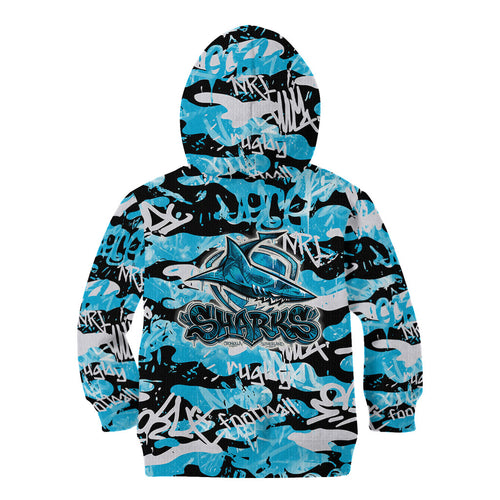 Cronulla-Sutherland Sharks Rugby Kid Hoodie Graffiti Typography Urban Camo Abstract Street Style