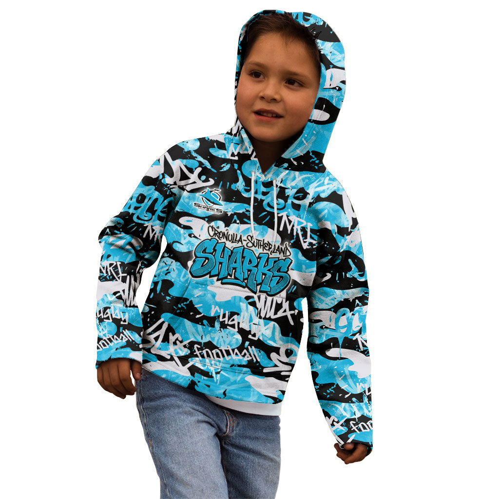 Cronulla-Sutherland Sharks Rugby Kid Hoodie Graffiti Typography Urban Camo Abstract Street Style