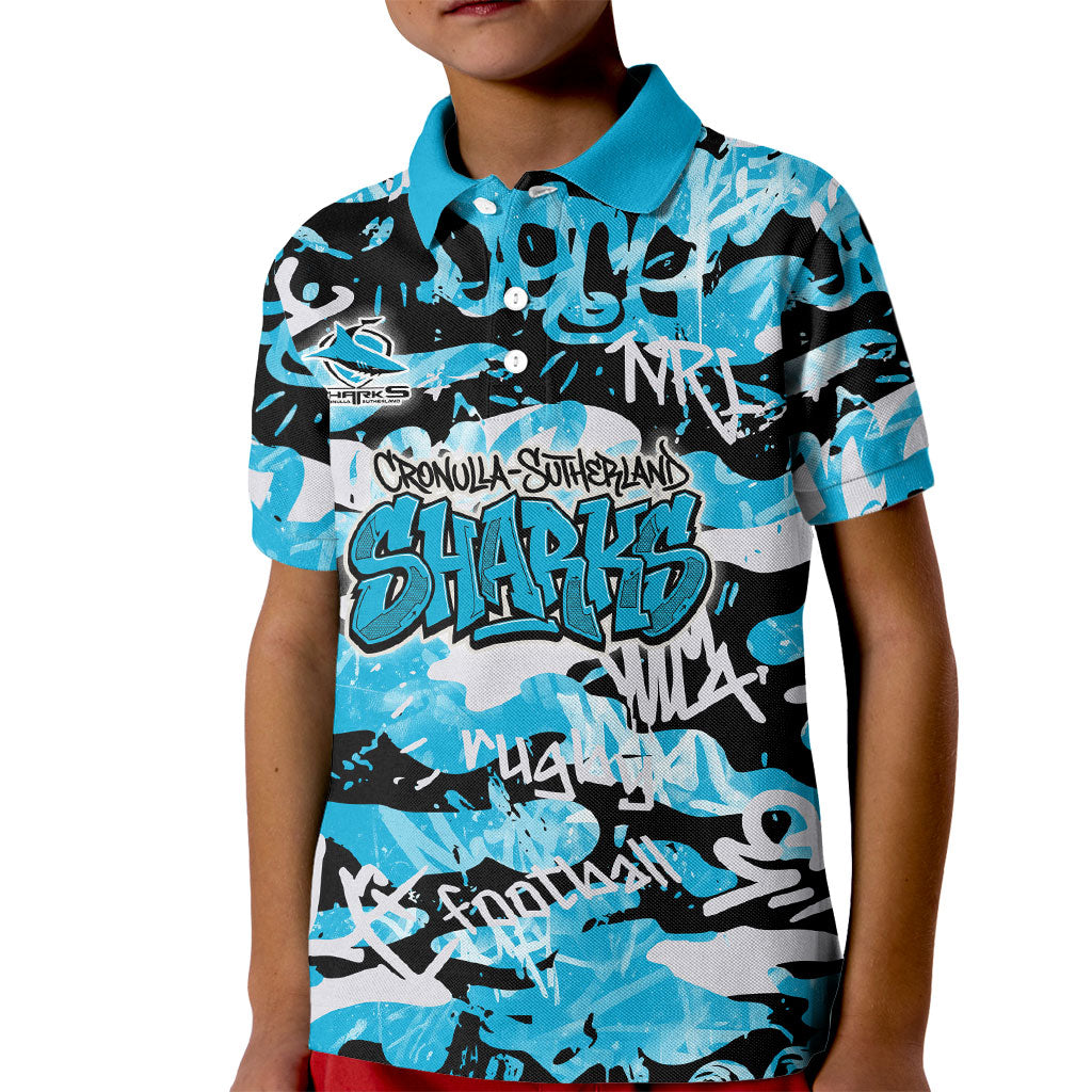 Cronulla-Sutherland Sharks Rugby Kid Polo Shirt Graffiti Typography Urban Camo Abstract Street Style