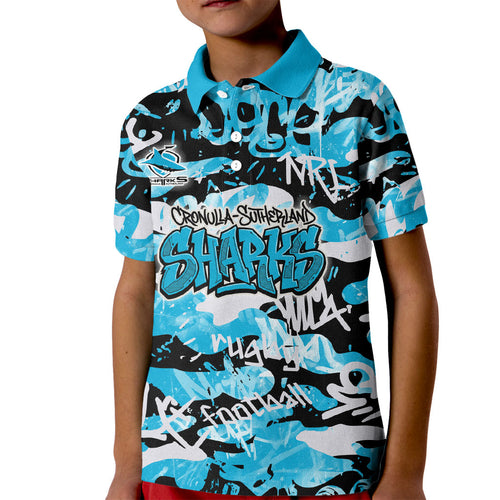 Cronulla-Sutherland Sharks Rugby Kid Polo Shirt Graffiti Typography Urban Camo Abstract Street Style