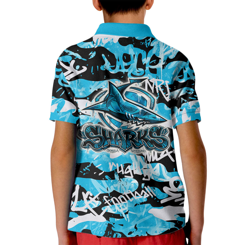 Cronulla-Sutherland Sharks Rugby Kid Polo Shirt Graffiti Typography Urban Camo Abstract Street Style