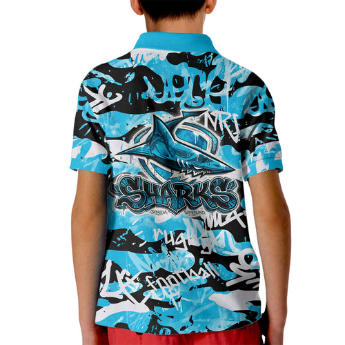 Cronulla-Sutherland Sharks Rugby Kid Polo Shirt Graffiti Typography Urban Camo Abstract Street Style