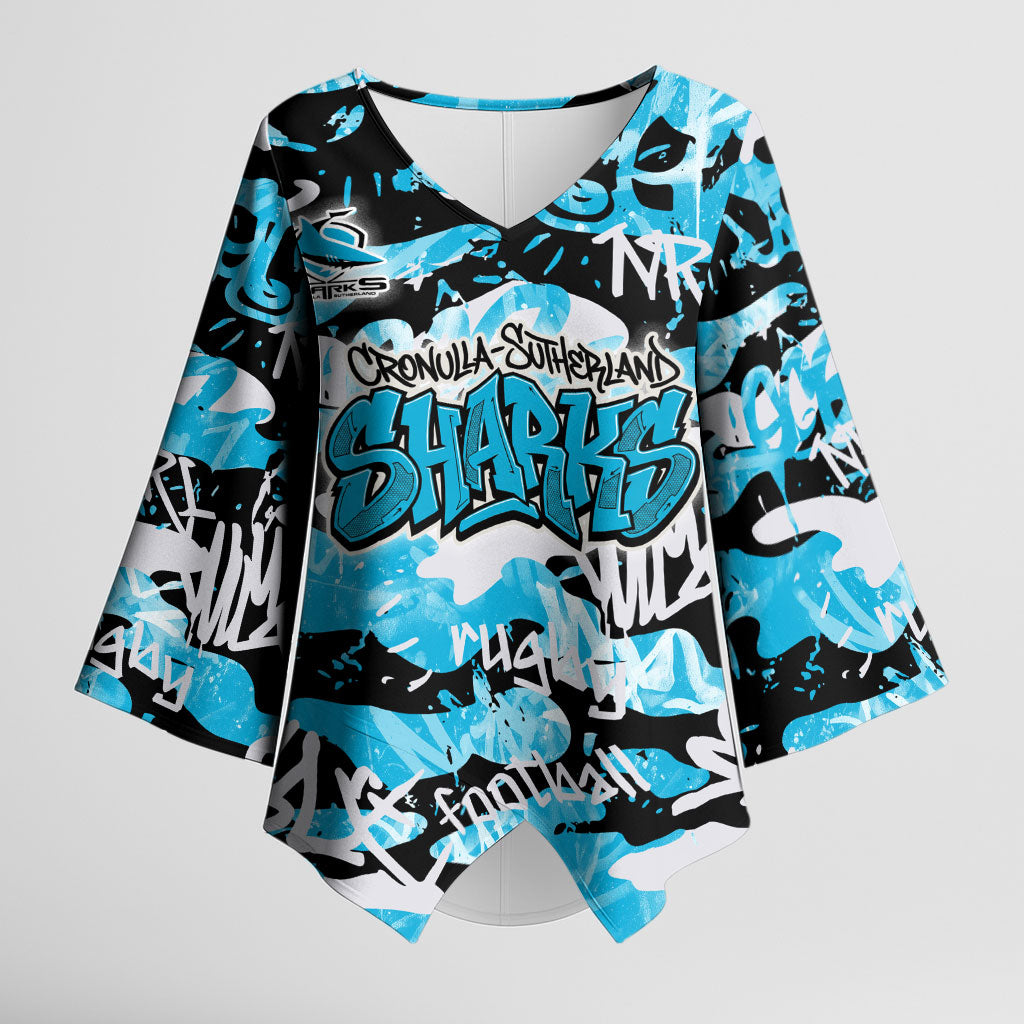 Cronulla-Sutherland Sharks Rugby Kimono Sleeve Blouse Graffiti Typography Urban Camo Abstract Street Style