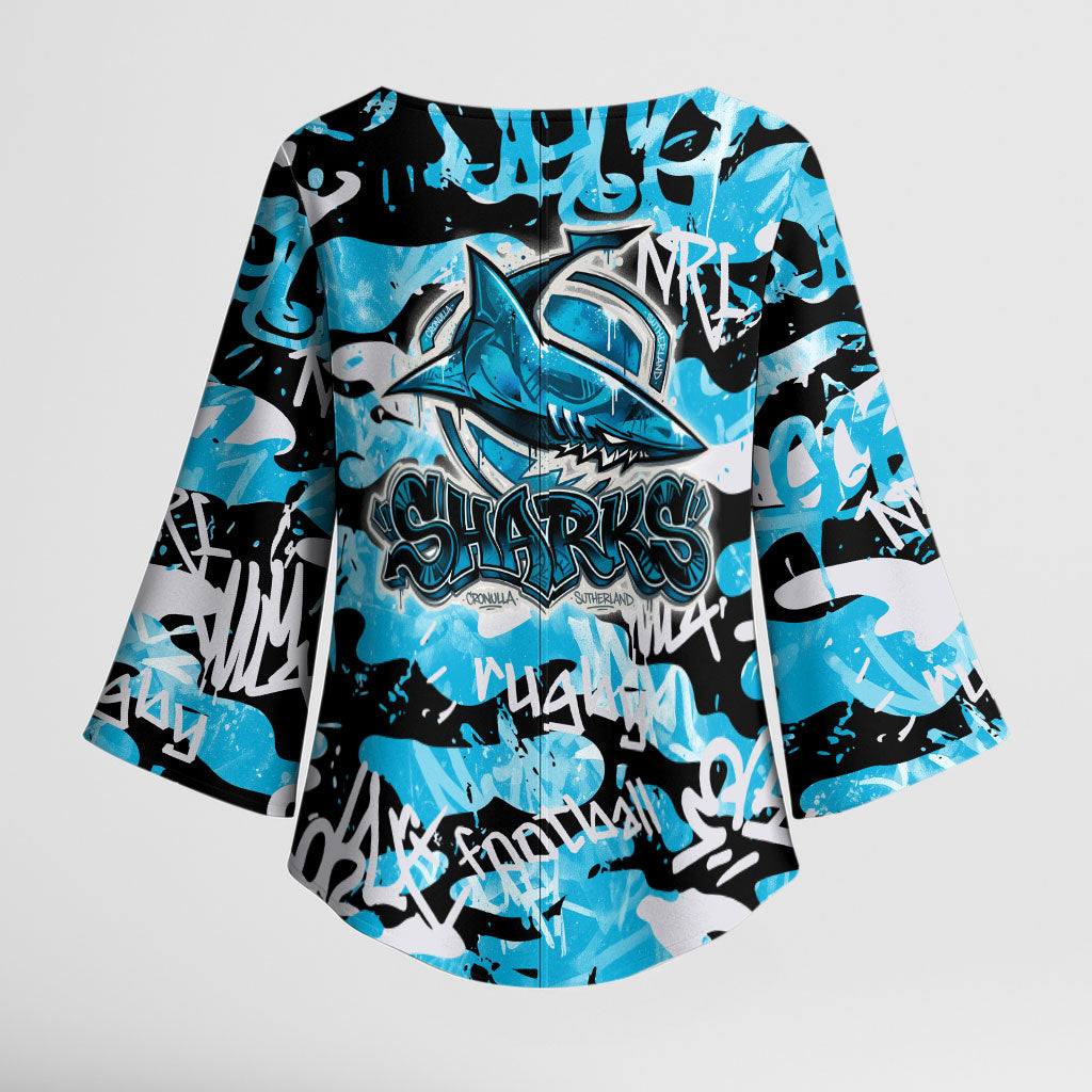 Cronulla-Sutherland Sharks Rugby Kimono Sleeve Blouse Graffiti Typography Urban Camo Abstract Street Style