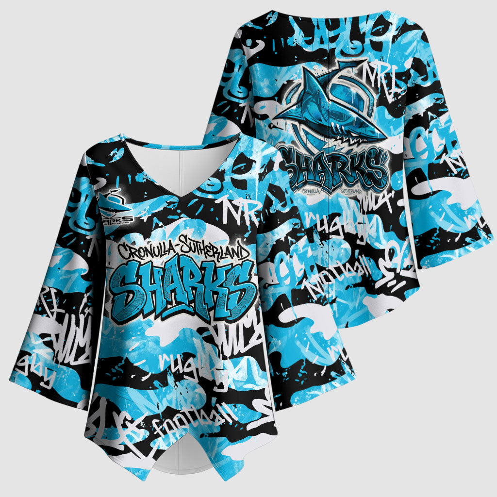 Cronulla-Sutherland Sharks Rugby Kimono Sleeve Blouse Graffiti Typography Urban Camo Abstract Street Style