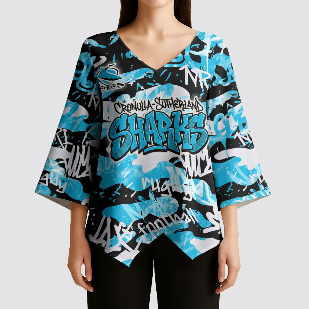 Cronulla-Sutherland Sharks Rugby Kimono Sleeve Blouse Graffiti Typography Urban Camo Abstract Street Style