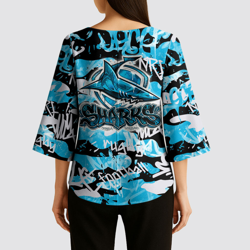 Cronulla-Sutherland Sharks Rugby Kimono Sleeve Blouse Graffiti Typography Urban Camo Abstract Street Style