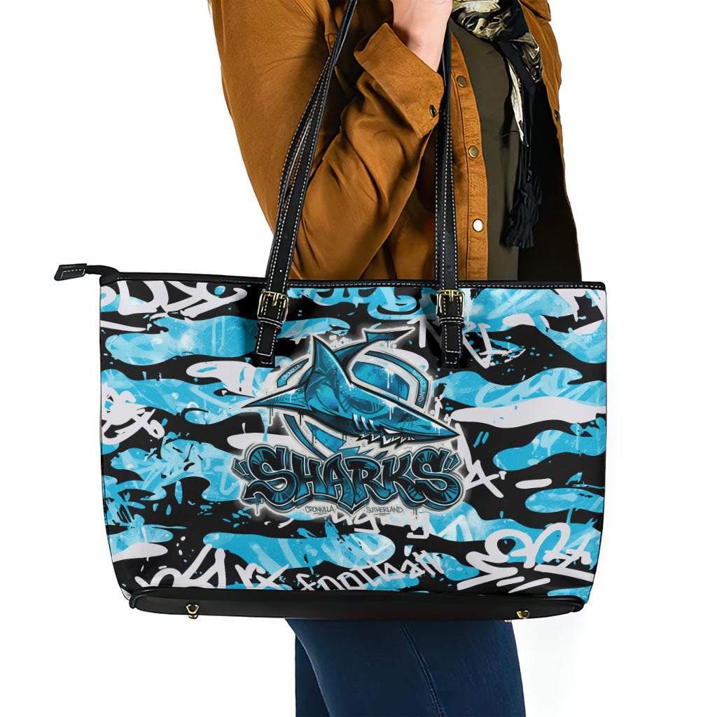 Cronulla-Sutherland Sharks Rugby Leather Tote Bag Graffiti Typography Urban Camo Abstract Street Style