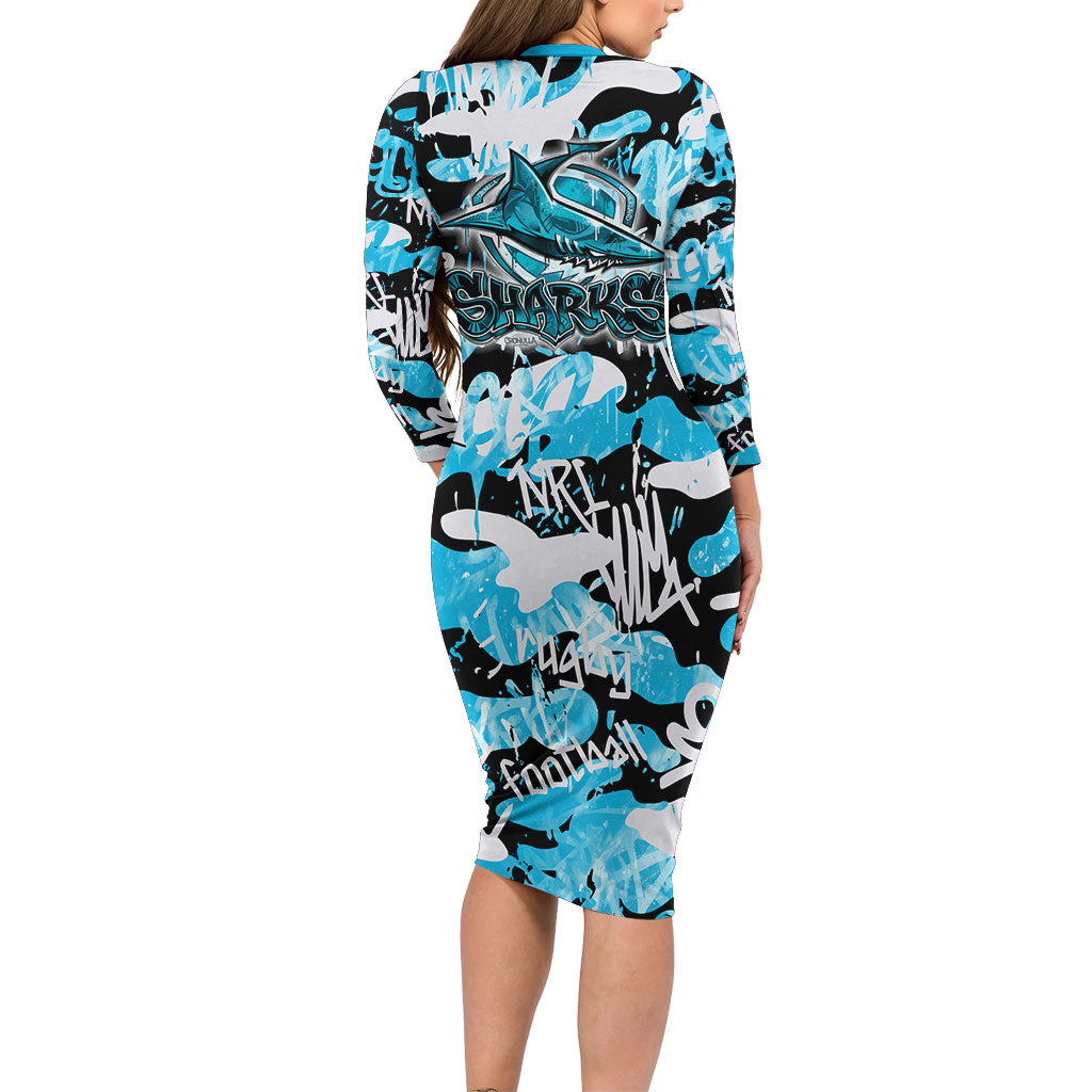 Cronulla-Sutherland Sharks Rugby Long Sleeve Bodycon Dress Graffiti Typography Urban Camo Abstract Street Style