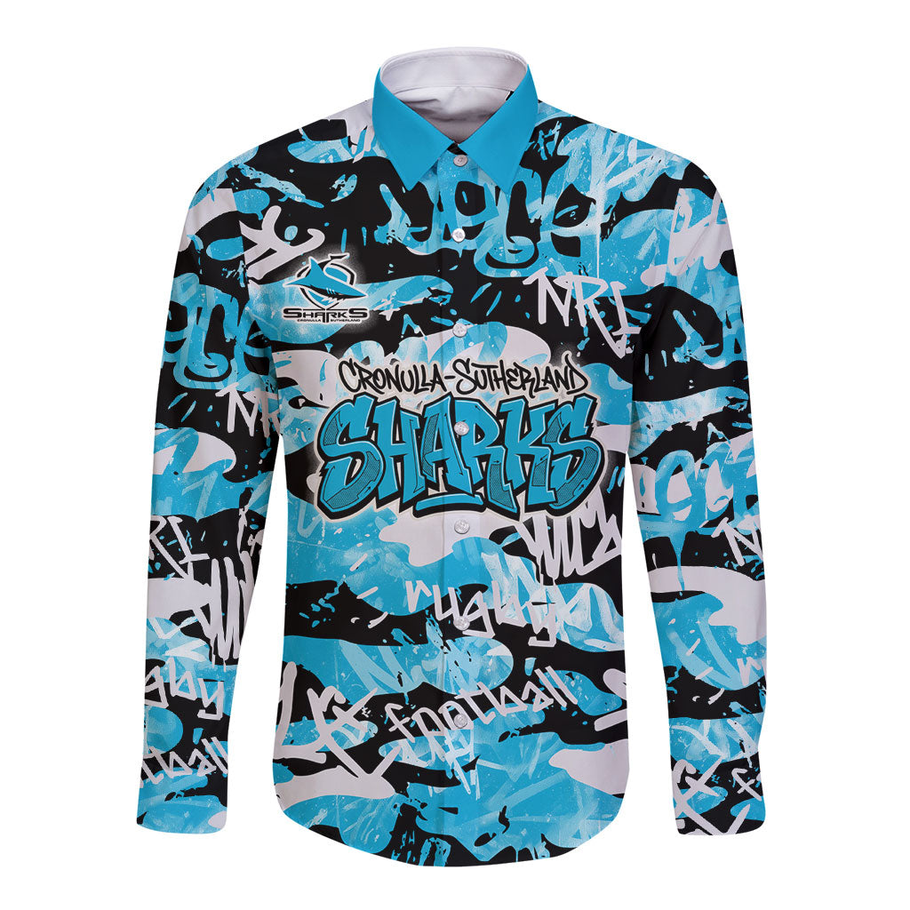 Cronulla-Sutherland Sharks Rugby Long Sleeve Button Shirt Graffiti Typography Urban Camo Abstract Street Style