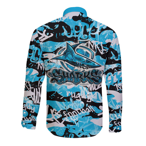 Cronulla-Sutherland Sharks Rugby Long Sleeve Button Shirt Graffiti Typography Urban Camo Abstract Street Style