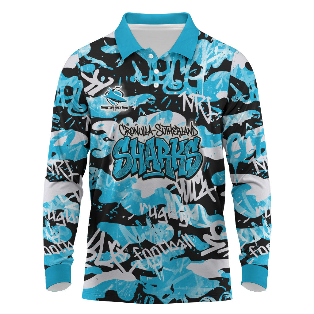 Cronulla-Sutherland Sharks Rugby Long Sleeve Polo Shirt Graffiti Typography Urban Camo Abstract Street Style