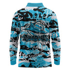 Cronulla-Sutherland Sharks Rugby Long Sleeve Polo Shirt Graffiti Typography Urban Camo Abstract Street Style