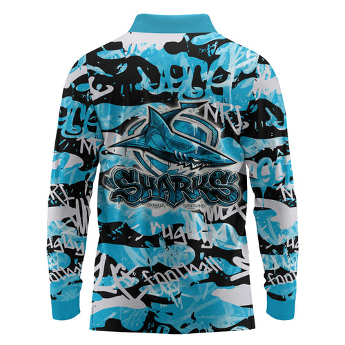Cronulla-Sutherland Sharks Rugby Long Sleeve Polo Shirt Graffiti Typography Urban Camo Abstract Street Style