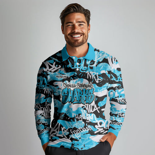 Cronulla-Sutherland Sharks Rugby Long Sleeve Polo Shirt Graffiti Typography Urban Camo Abstract Street Style