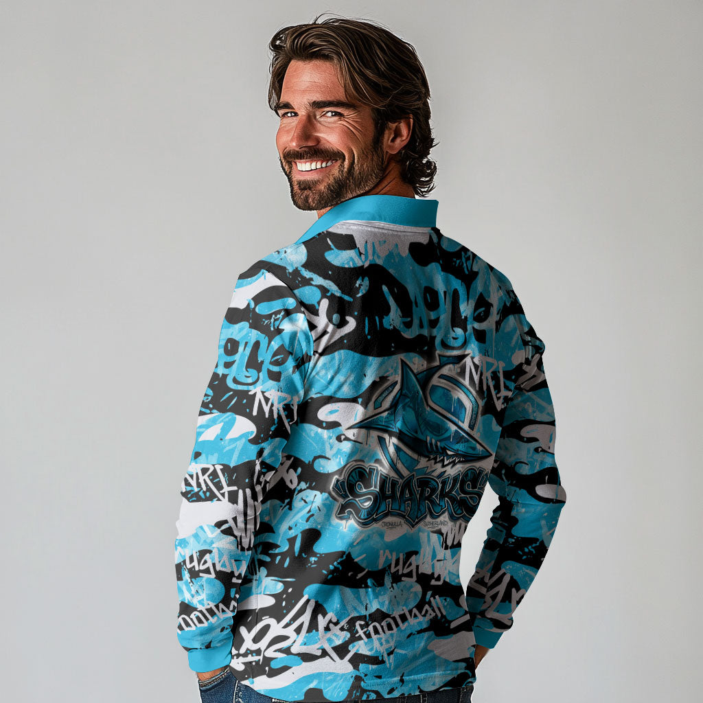 Cronulla-Sutherland Sharks Rugby Long Sleeve Polo Shirt Graffiti Typography Urban Camo Abstract Street Style