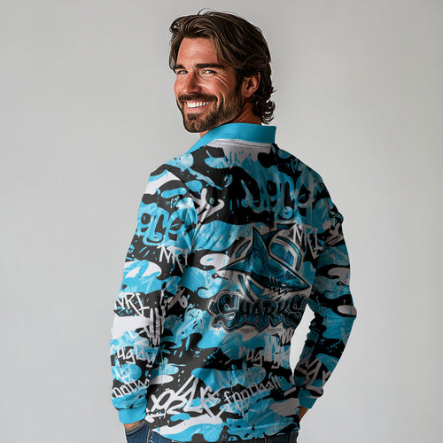 Cronulla-Sutherland Sharks Rugby Long Sleeve Polo Shirt Graffiti Typography Urban Camo Abstract Street Style