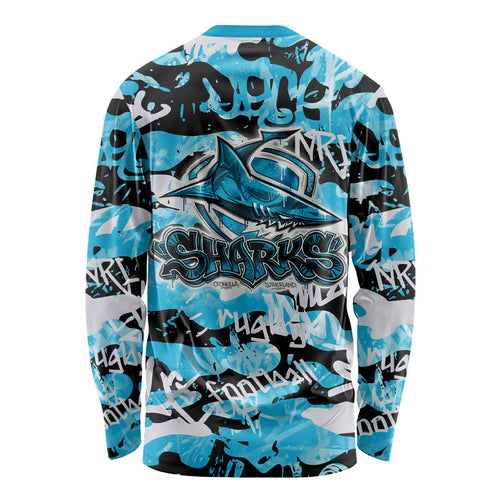 Cronulla-Sutherland Sharks Rugby Long Sleeve Shirt Graffiti Typography Urban Camo Abstract Street Style