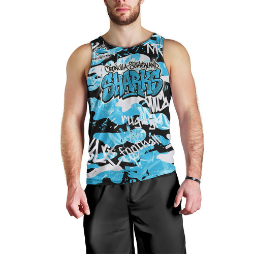 Cronulla-Sutherland Sharks Rugby Men Tank Top Graffiti Typography Urban Camo Abstract Street Style