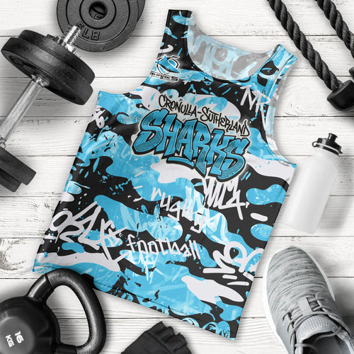 Cronulla-Sutherland Sharks Rugby Men Tank Top Graffiti Typography Urban Camo Abstract Street Style
