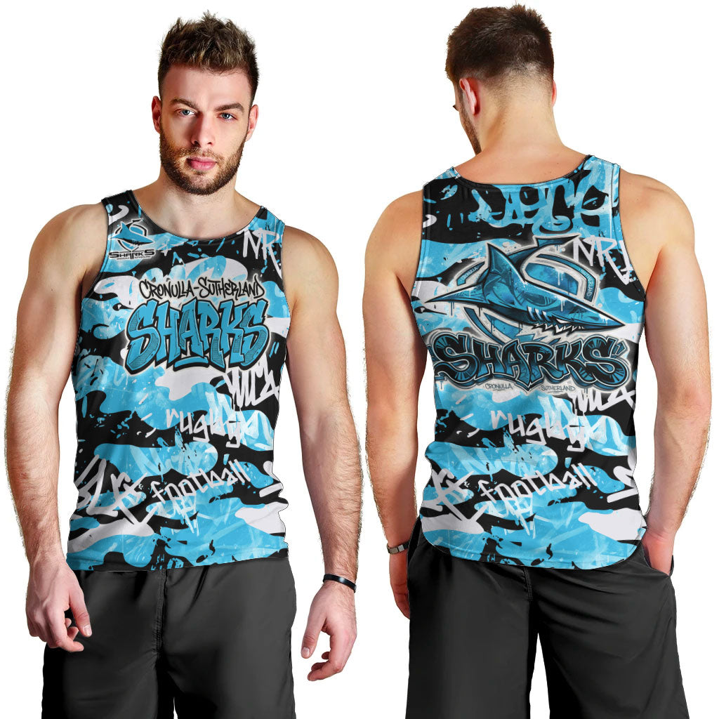 Cronulla-Sutherland Sharks Rugby Men Tank Top Graffiti Typography Urban Camo Abstract Street Style