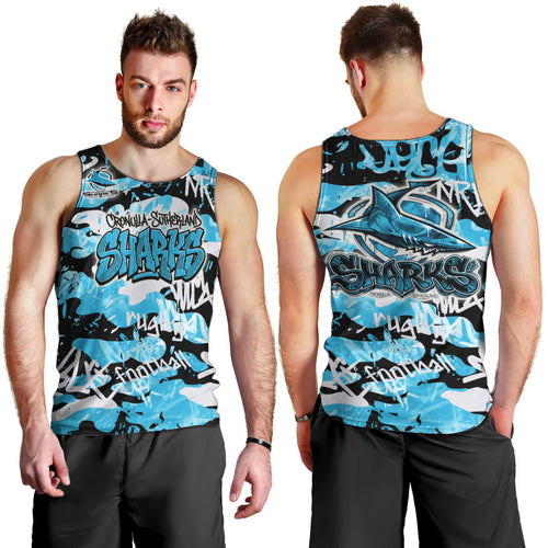 Cronulla-Sutherland Sharks Rugby Men Tank Top Graffiti Typography Urban Camo Abstract Street Style