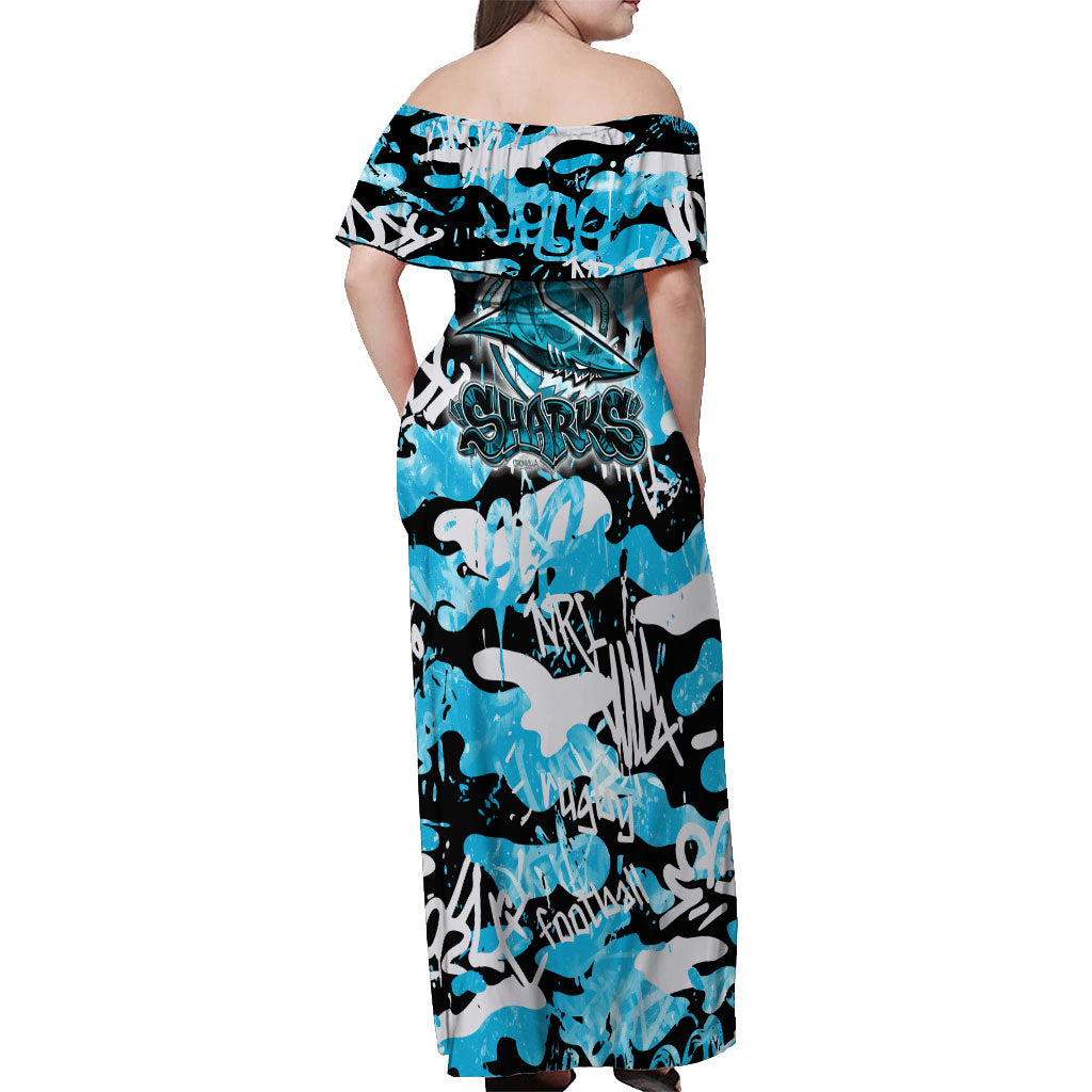Cronulla-Sutherland Sharks Rugby Off Shoulder Maxi Dress Graffiti Typography Urban Camo Abstract Street Style
