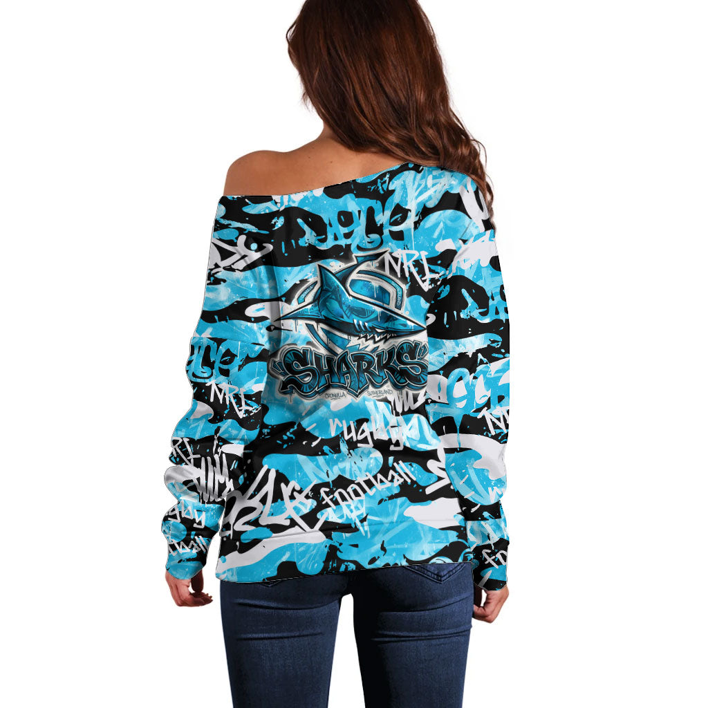 Cronulla-Sutherland Sharks Rugby Off Shoulder Sweater Graffiti Typography Urban Camo Abstract Street Style