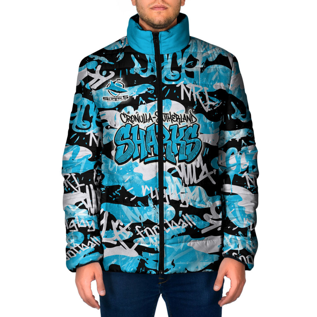 Cronulla-Sutherland Sharks Rugby Padded Jacket Graffiti Typography Urban Camo Abstract Street Style