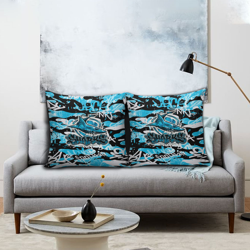 Cronulla-Sutherland Sharks Rugby Pillow Cover Graffiti Typography Urban Camo Abstract Street Style