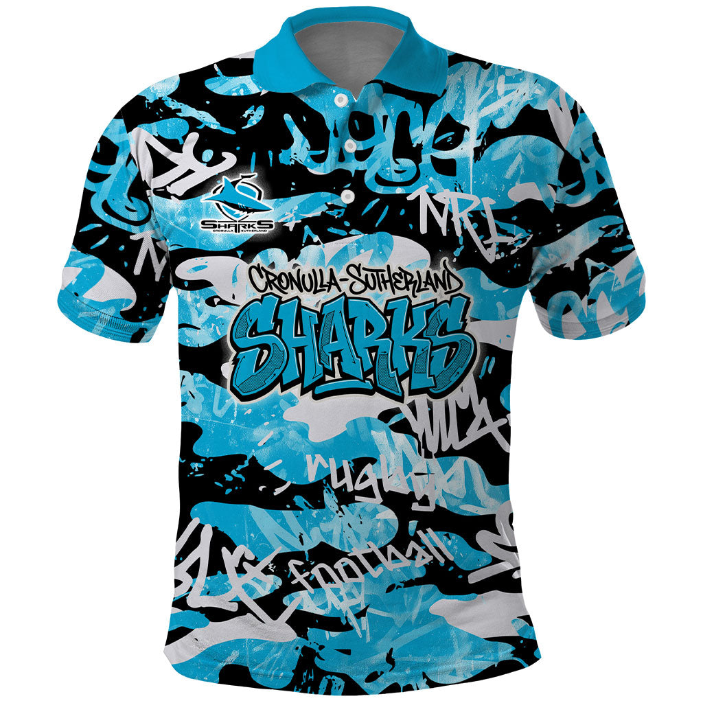 Cronulla-Sutherland Sharks Rugby Polo Shirt Graffiti Typography Urban Camo Abstract Street Style