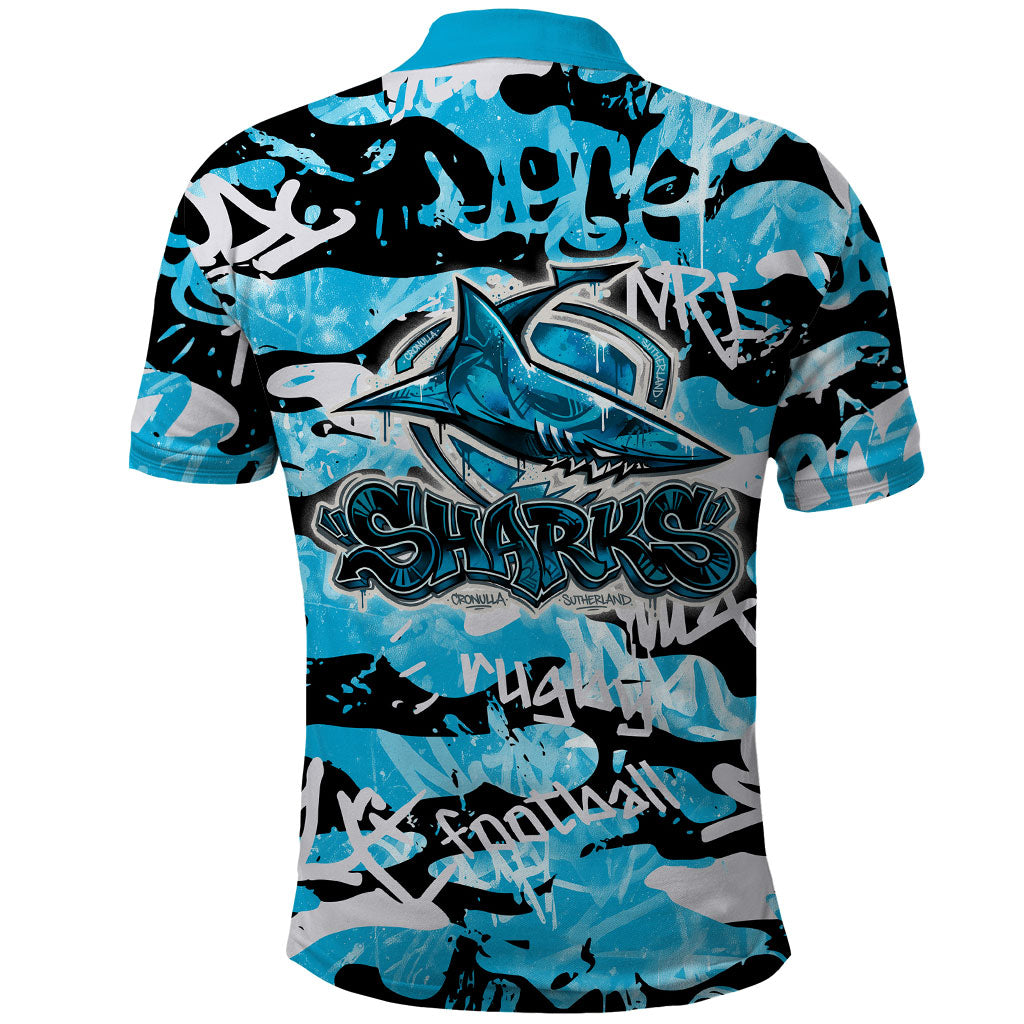 Cronulla-Sutherland Sharks Rugby Polo Shirt Graffiti Typography Urban Camo Abstract Street Style