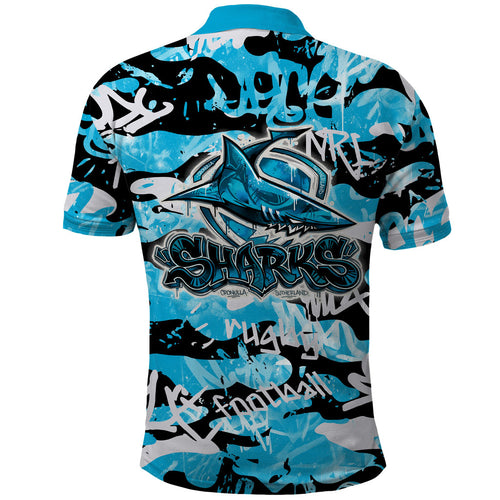Cronulla-Sutherland Sharks Rugby Polo Shirt Graffiti Typography Urban Camo Abstract Street Style