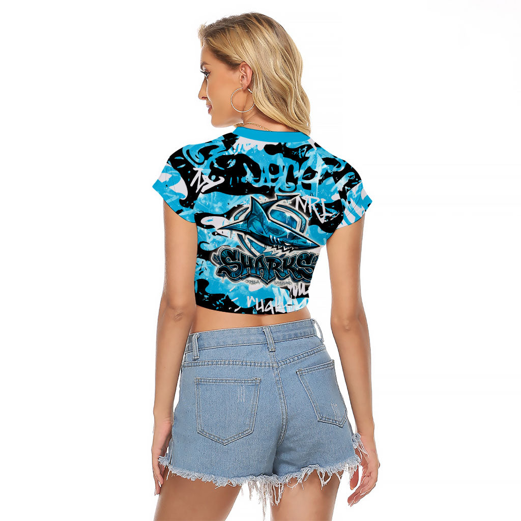 Cronulla-Sutherland Sharks Rugby Raglan Cropped T Shirt Graffiti Typography Urban Camo Abstract Street Style