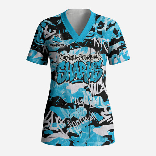 Cronulla-Sutherland Sharks Rugby Scrub Top Graffiti Typography Urban Camo Abstract Street Style