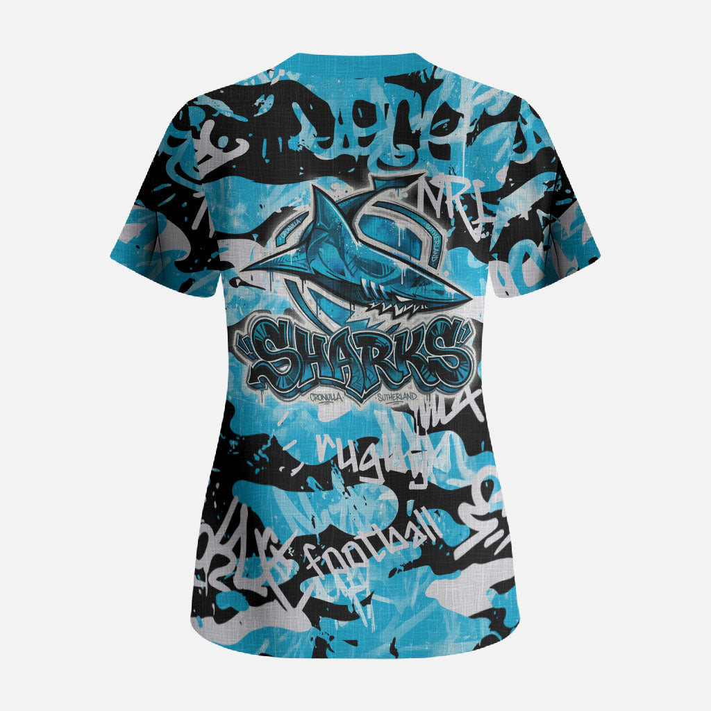 Cronulla-Sutherland Sharks Rugby Scrub Top Graffiti Typography Urban Camo Abstract Street Style