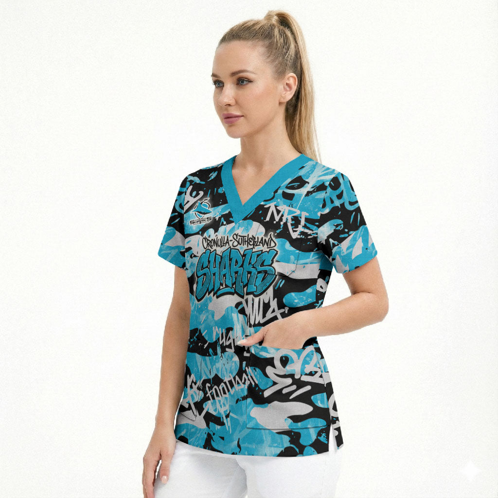 Cronulla-Sutherland Sharks Rugby Scrub Top Graffiti Typography Urban Camo Abstract Street Style