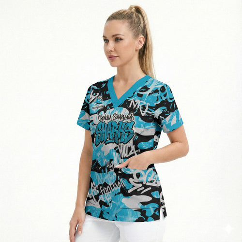 Cronulla-Sutherland Sharks Rugby Scrub Top Graffiti Typography Urban Camo Abstract Street Style