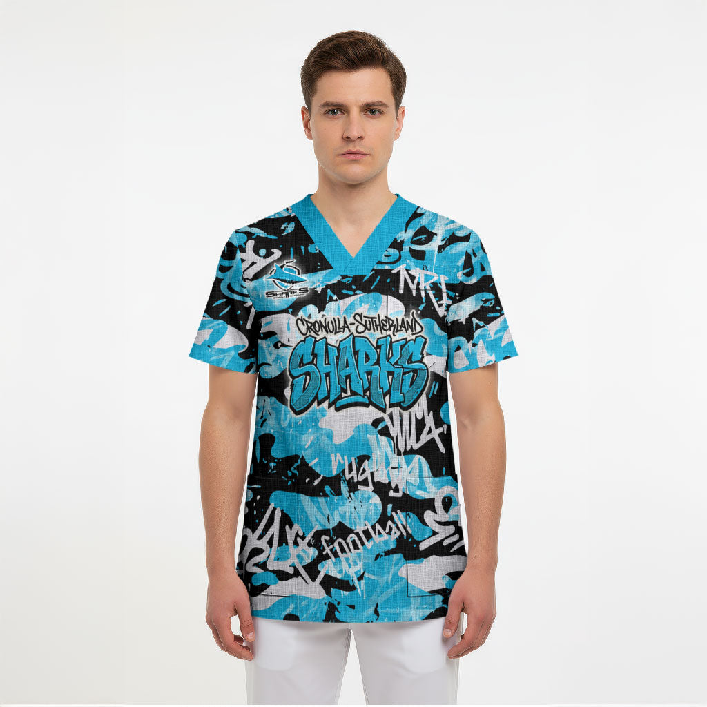 Cronulla-Sutherland Sharks Rugby Scrub Top Graffiti Typography Urban Camo Abstract Street Style