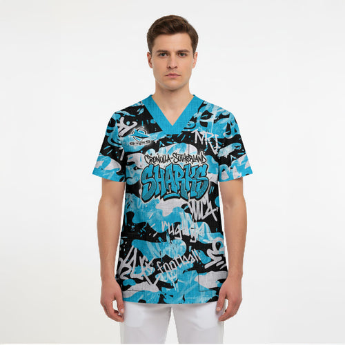 Cronulla-Sutherland Sharks Rugby Scrub Top Graffiti Typography Urban Camo Abstract Street Style