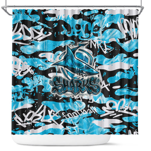 Cronulla-Sutherland Sharks Rugby Shower Curtain Graffiti Typography Urban Camo Abstract Street Style
