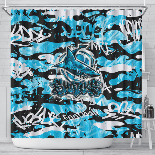 Cronulla-Sutherland Sharks Rugby Shower Curtain Graffiti Typography Urban Camo Abstract Street Style