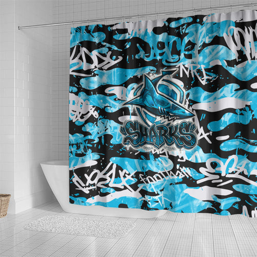Cronulla-Sutherland Sharks Rugby Shower Curtain Graffiti Typography Urban Camo Abstract Street Style