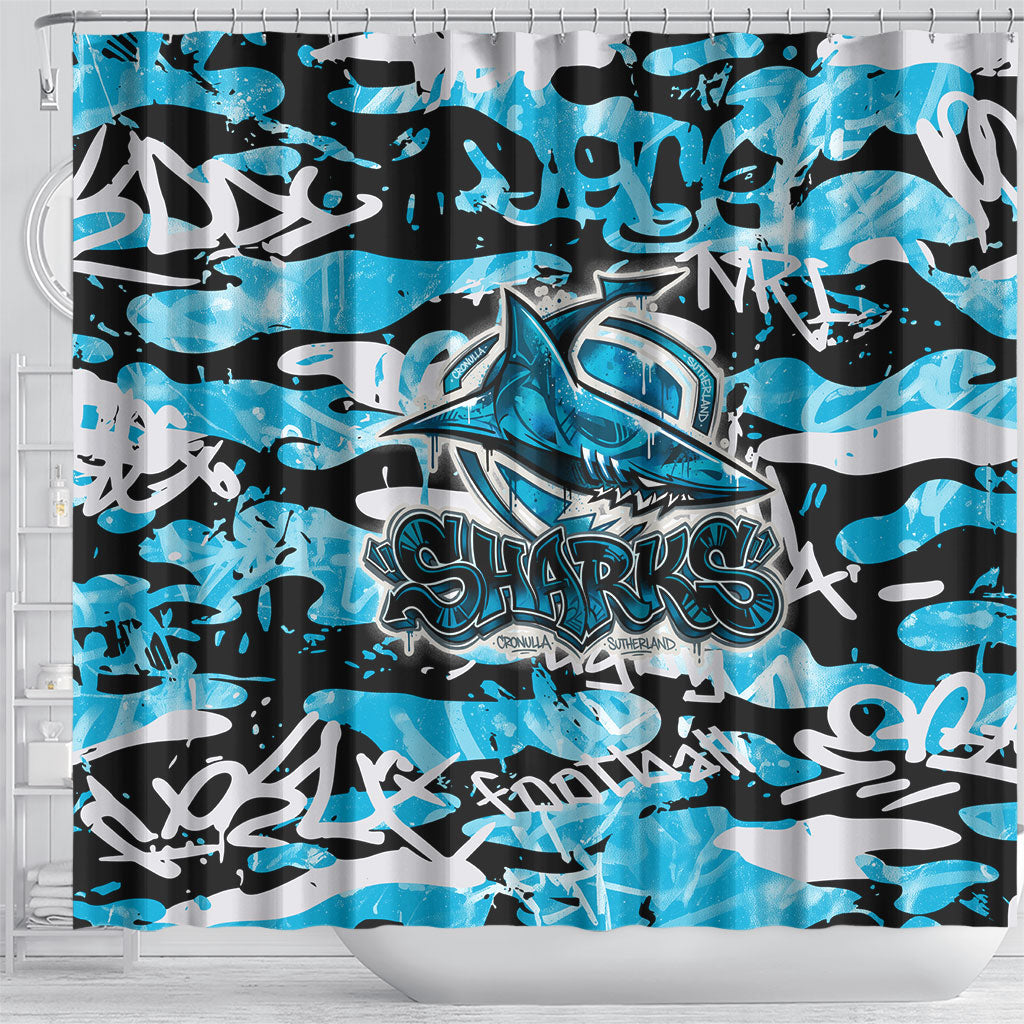 Cronulla-Sutherland Sharks Rugby Shower Curtain Graffiti Typography Urban Camo Abstract Street Style